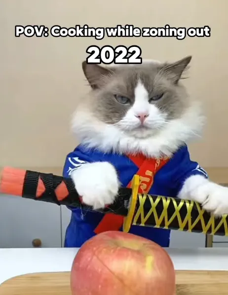Puff holding a toy blade over an apple on a cutting board with the caption Cooking while zoning out.
