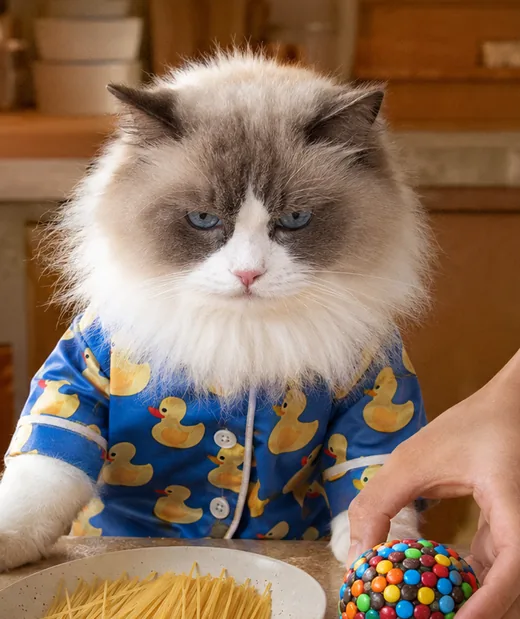 Close portrait of Puff in blue duck-print pajamas, staring straight ahead with a flat expression while an assistant's hand offers a candy-covered ball.