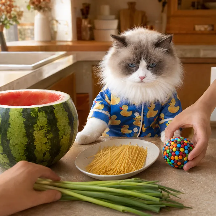 Puff at the counter with a hollowed watermelon, raw spaghetti and a candy ball as assistants present the ingredients.