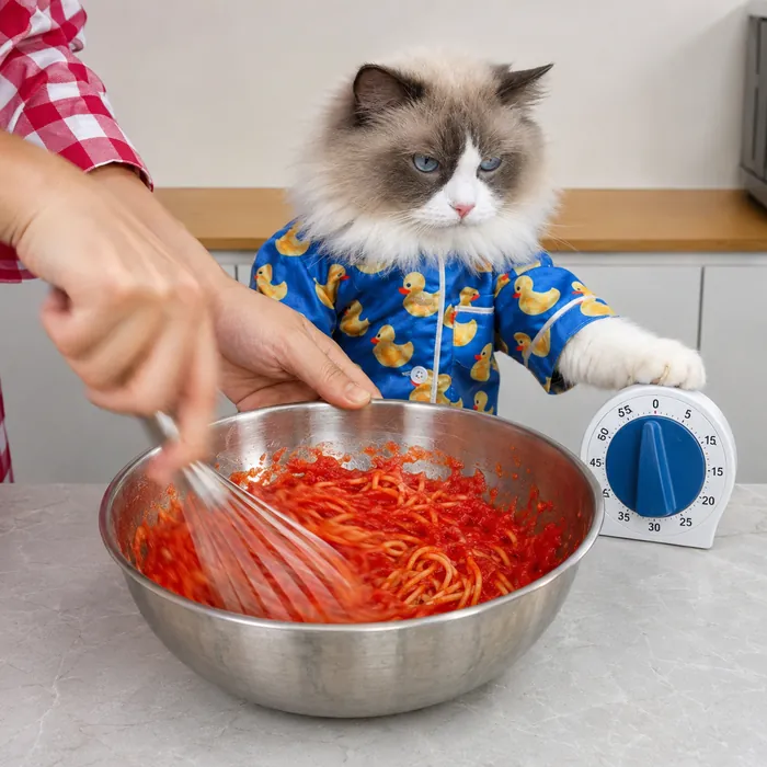 An assistant whisks spaghetti into red sauce in a steel bowl while Puff rests a paw on a kitchen timer.