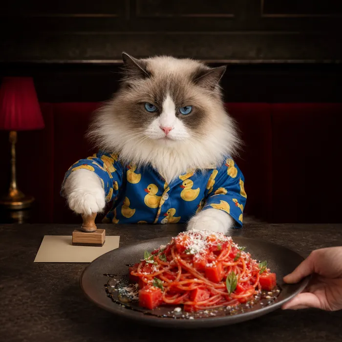Puff seated at a dark dining table with a wooden stamp under one paw as a hand slides in the finished watermelon spaghetti.