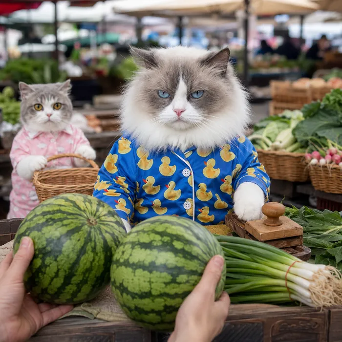 Puff inspecting watermelons at a farmers market stall with a second cat carrying a basket and a wooden stamp on the table.