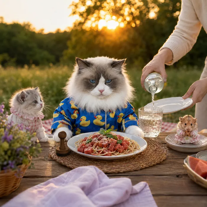 Golden-hour outdoor table where Puff waits over watermelon spaghetti while an assistant pours water, joined by a kitten and a hamster guest.