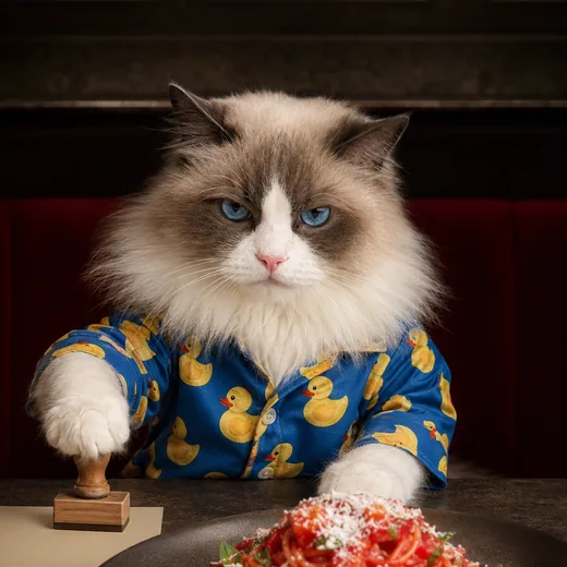 Puff seated at a dark table in duck pajamas with one paw resting on a wooden approval stamp.